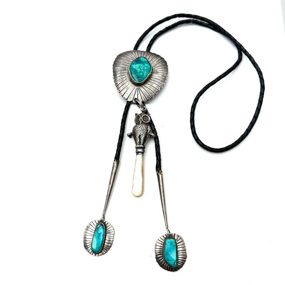 Native American Hallmark WB Sterling Turquoise Bolo Tie 105 Gram Unusual Owl - Picture 1 of 12